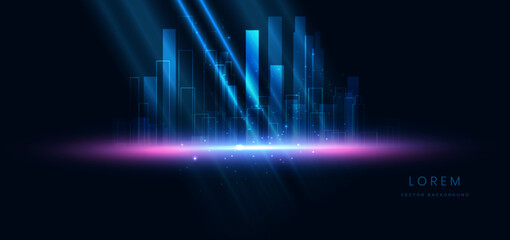 Futuristic glowing night cityscape on dark blue background with lighting effect and sparkle.