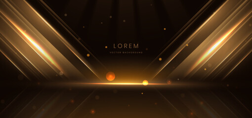 Scene elegant gold glowing beam with lighting effect sparkle on black background.