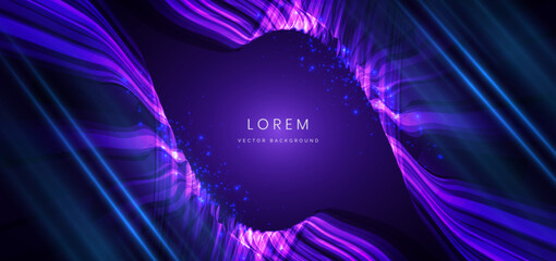 Abstract glowing wave lines with lighting effect and sparkle on dark blue background.