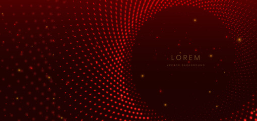Dotted red glowing swirling on dark red background. Luxury template celebration award design.