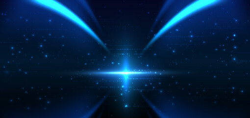 Cyberspace with blue curve ray effect and square pattern decor.