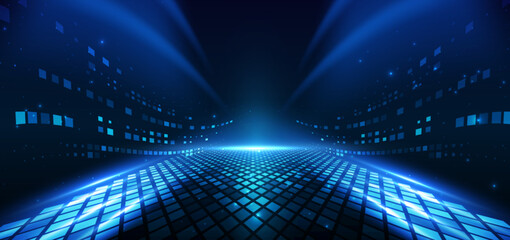 Cyberspace with blue ligthing effect and square pattern decor. Scence background digital data communication.