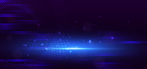 Abstract blue glowing horizontal lines light on dark background. Hi speed move, digital communication concept.