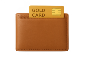 Leather wallet holding golden credit card with chip detail, representing luxury finance and premium banking service