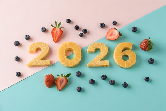 New Year 2026 Food Art with Fresh Berries and strawberries flat Lay.