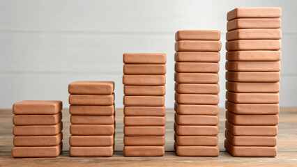 Smooth clay forms stacking into bars, arranged in ascending order on wooden surface, minimalist style, calm and organized