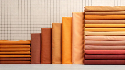 Soft fabric textures folding into charts, warm orange and brown tones, stacked textile, cozy material, interior design