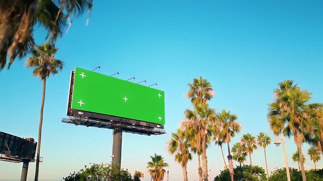 Green Screen Billboard Surrounded by Palm Trees Under a Clear Blue Sky.