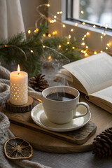 Cozy home still life concept. Cup of hot coffee and opened book with atmospheric lights and a burning candle. Winter holidays time concept.
