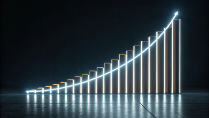 Glowing bar chart with soft arcs mapping sales rise, futuristic style, dark background, upward trend, business growth