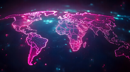Global connectivity with neon world map on dark background
