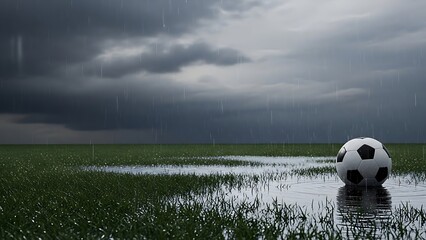 Abandoned soccer ball in flooded field on stormy day