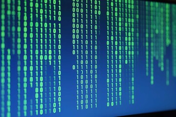 Abstract blue digital technology background featuring streaming binary code data