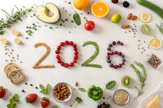  2026 Typography Made of Various Fruits and Vegetables on White Background.