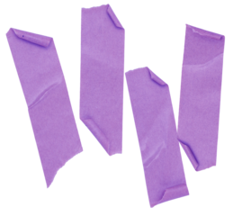 minimalist photograph showcasing multiple pieces of purple washi tape scraps against a stark transparent background, ideal for abstract artistic themes.