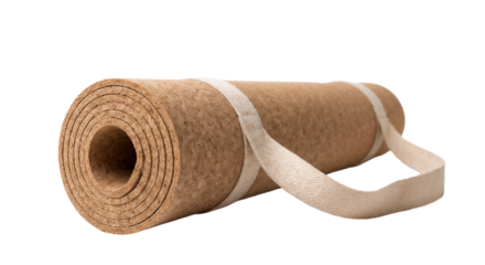 Yoga mat rolled up with strap placed on a flat surface ready for practice