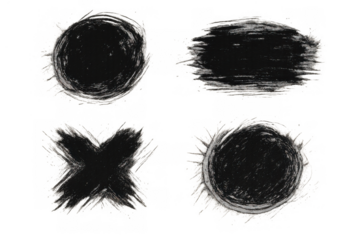 Hand drawing brush strokes set including rough circle, scribble x cross symbol, and textured rectangular smear element