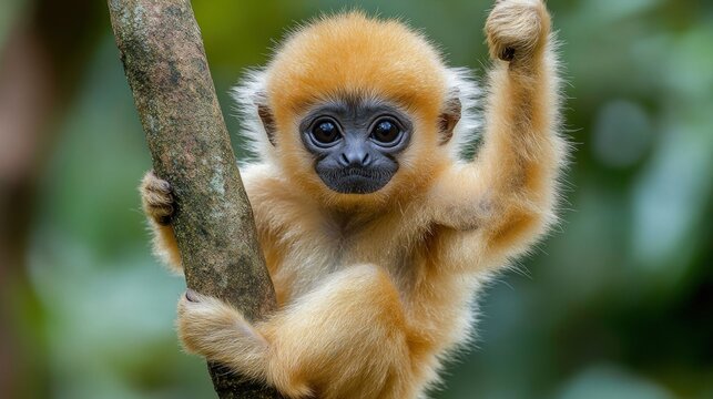 Adorable golden fur monkey clinging tree branch