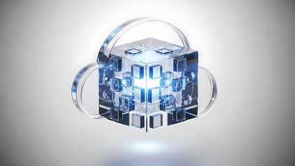 Abstract illustration of cloud computing and data, featuring a glowing blue core within transparent geometric structures, symbolizing digital technology, network, and innovation