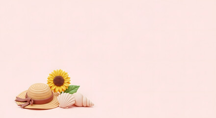 夏のひまわりと麦わら帽子と貝殻のクレイアートフレーム背景