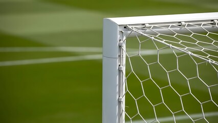 Close-up of white soccer goal on green field with netting