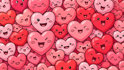 Vibrant cartoon hearts with happy faces in various pink and red shades