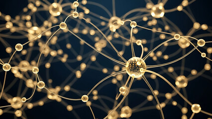 Abstract neural network or interconnected nodes with glowing connections and dark blue background, representing connections and data flow