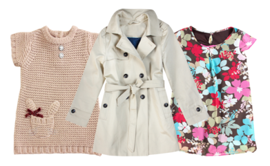 charming selection of fashionable children's dresses, featuring a knitted dress and a classic trench coat for stylish young girls' wardrobes