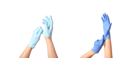 photograph of two hands in light blue latex gloves gesturing against a black backdrop in a studio setting suitable for healthcare campaigns