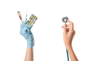 isolated photograph of a hand in a medical glove holding medical tools and another holding a stethoscope set against a black studio backdrop
