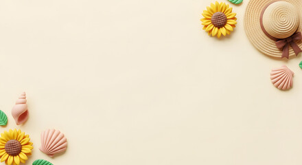 夏のひまわりと麦わら帽子と貝殻のクレイアートフレーム背景