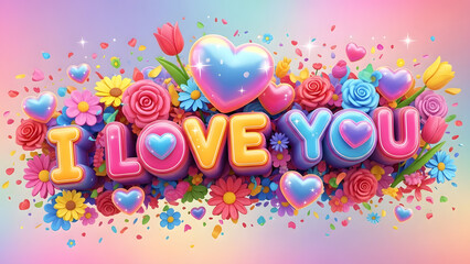 Vibrant floral arrangement with I Love You message in colorful letters