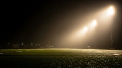 Empty football field at night under bright stadium lights