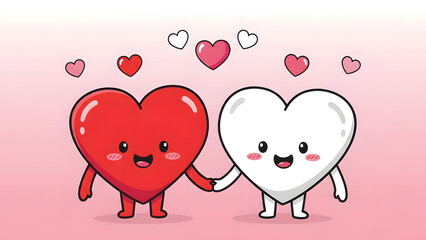 Cute heart characters holding hands in pink background with floating hearts