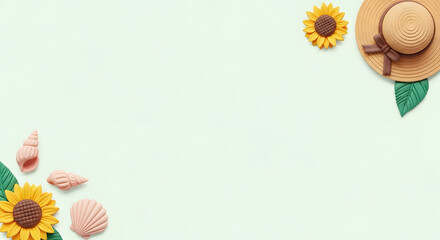 夏のひまわりと麦わら帽子と貝殻のクレイアートフレーム背景
