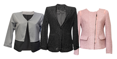 three fashionable blazers photograph in gray, black lace, and pink tweed, displayed against a black backdrop, perfect for fashion blogs and websites