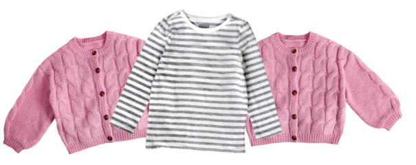 children's clothes photograph featuring pink cardigans and a striped long sleeve shirt set against a black backdrop, ideal for kids' fashion blogs and websites