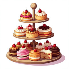 Sweet Indulgence: Assorted Cakes on a Pink Tiered Stand