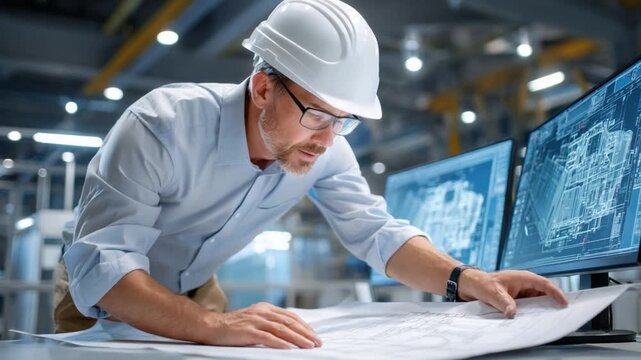 Architectural blueprint: An architect, clad in a protective hardhat and eyeglasses, immerses himself in a detailed architectural blueprint, his attention captivated by the intricate designs.