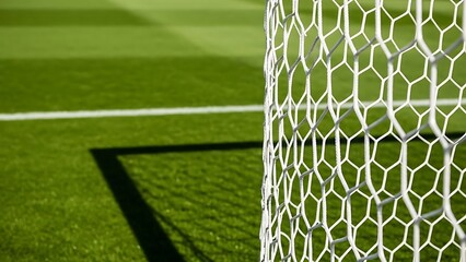 Close-up of soccer goal net on green field with white lines