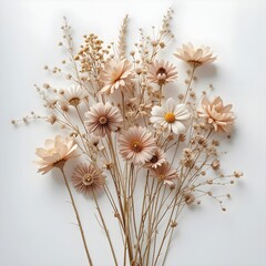 Delicate bouquet of dried flowers in soft pastel hues on a clean white background, evoking a sense of serenity and peacefulness.