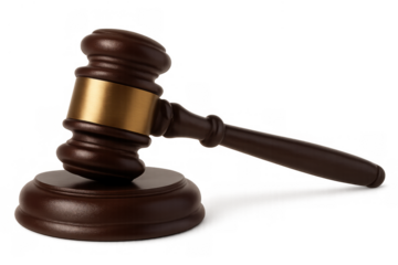 Wooden gavel and sound block symbolizing justice, law, judgment, and authority on transparent background