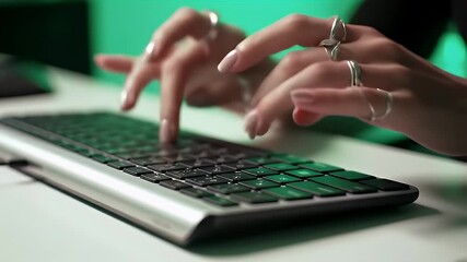 Close-up of a persons hands typing on a computer keyboard with green backlighting, showcasing focused work and digital interaction. - Powered by Adobe