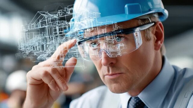 Vision of the Future: An engineer with a hard hat and safety glasses, analyzes a digital blueprint, the future of architectural innovation.