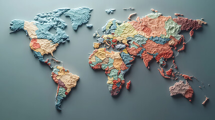 Vibrant 3D world map with colorful countries on textured surface