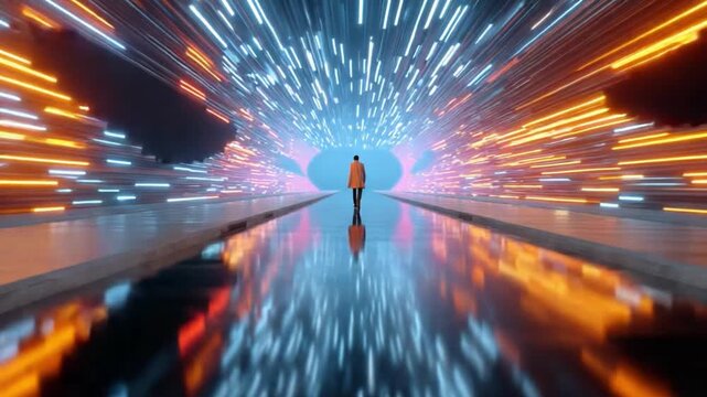 Digital Trailblazer: A solitary figure navigates a futuristic landscape illuminated by dynamic streams of light, suggesting innovation, exploration, and the journey toward progress. 