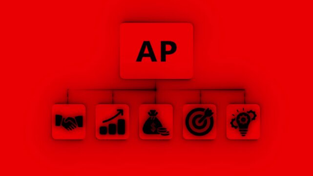 AP business concept diagram with icons for partnership growth money target and innovation on red background Keywords: AP, accounts payable, business, finance, concept, diagram, chart, graph