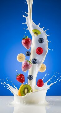 A vibrant splash showcases a mix of fresh fruit cascading into creamy liquid against a vivid blue backdrop