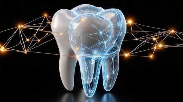 Tooth digital art: A mesmerizing digital depiction of a pristine tooth, interwoven with glowing, interconnected lines, suggesting a harmonious blend of technology and oral health.