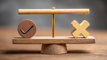 Wooden scale with positive check mark, negative cross mark. Concept represents making right decision, comparing pros cons, evaluation. Weighing good bad. Business planning.